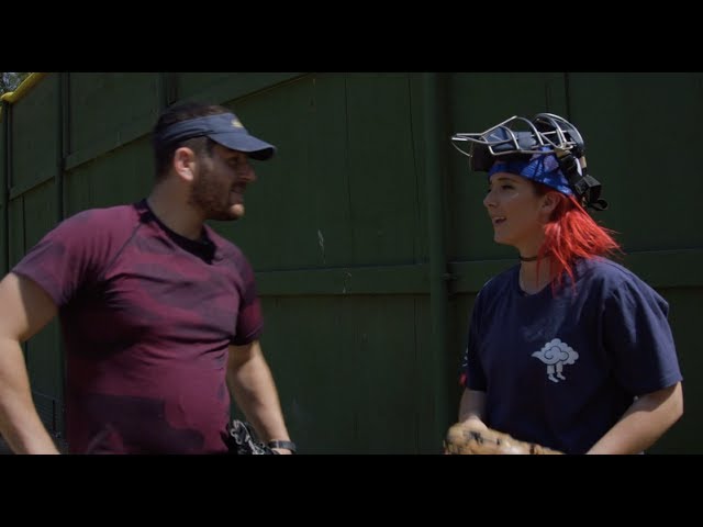 Jenna Marbles teaches Julien Solomita how to throw a fastpitch softball