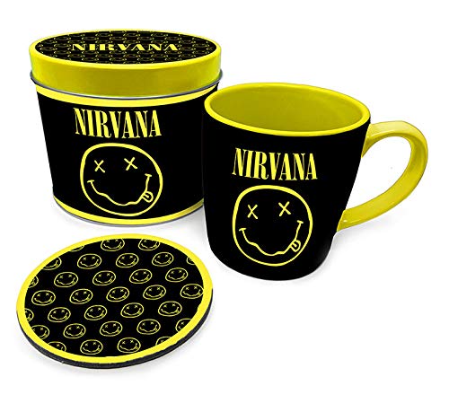 Nirvana Mug And Coaster Gift Tin Set Smiley Band Logo Nevermind Official